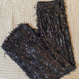 Anthropologie Maeve Fringed Sequined Pants Wide Leg, Black Size 14